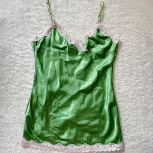 Vintage y2k satin green babydoll lace trim cami top